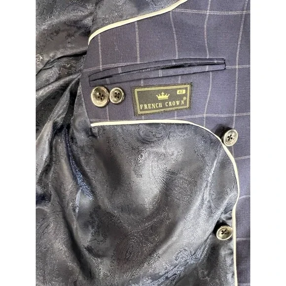 French Crown Men's 42 Blue Windowpane Pattern Wool Rich Double Breasted Suit NEW